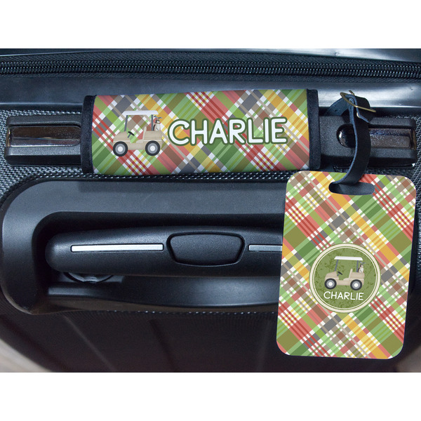Golfer's Plaid Metal Luggage Tag & Handle Wrap - In Context