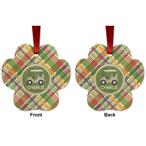 Golfer's Plaid Metal Paw Ornament - Front and Back