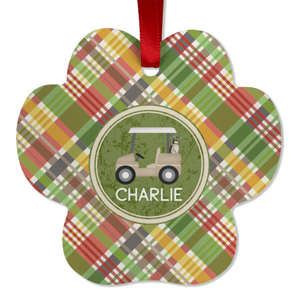 Custom Golfer's Plaid Metal Paw Ornament - Double Sided w/ Name or Text