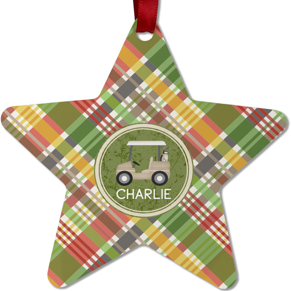 Custom Golfer's Plaid Metal Star Ornament - Double Sided w/ Name or Text