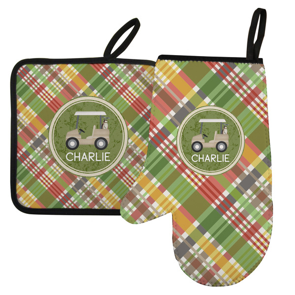 Custom Golfer's Plaid Left Oven Mitt & Pot Holder Set w/ Name or Text
