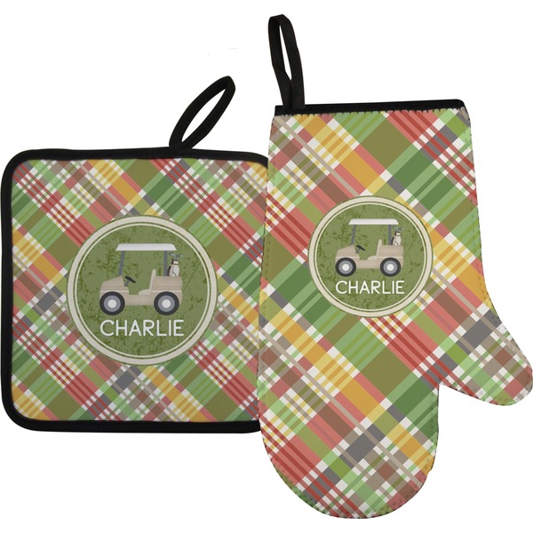 Custom Golfer's Plaid Oven Mitt & Pot Holder Set w/ Name or Text