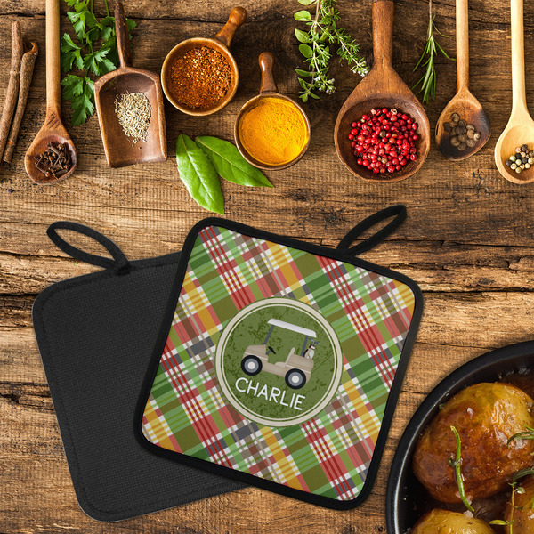 Golfer's Plaid Neoprene Pot Holder - Set of 2  LIFESTYLE (Flatlay)