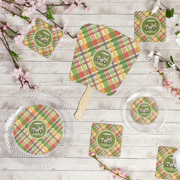 Golfer's Plaid Party Supplies Combination Image - All items - Plates, Coasters, Fans