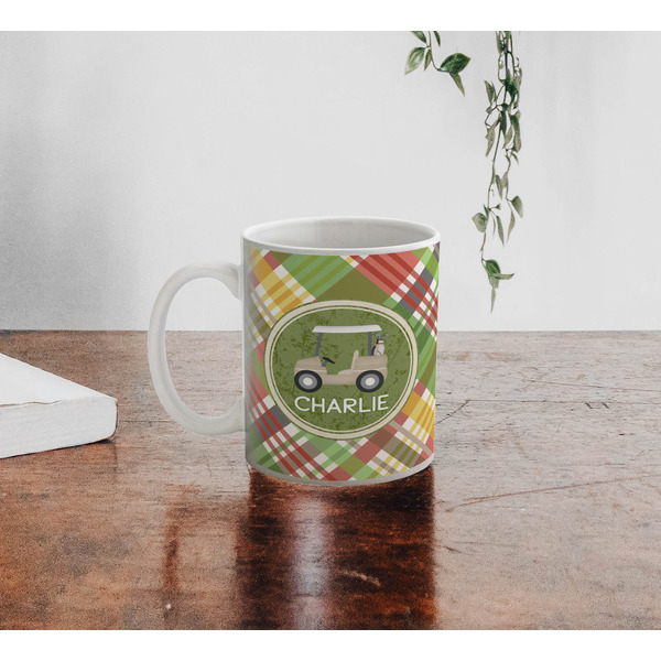 Golfer's Plaid Personalized Coffee Mug - Lifestyle