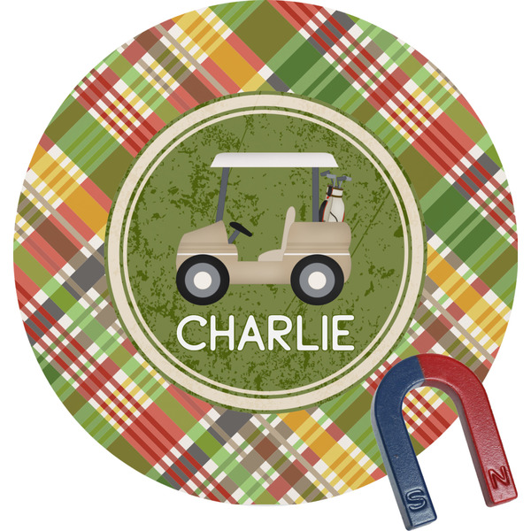 Custom Golfer's Plaid Round Fridge Magnet (Personalized)