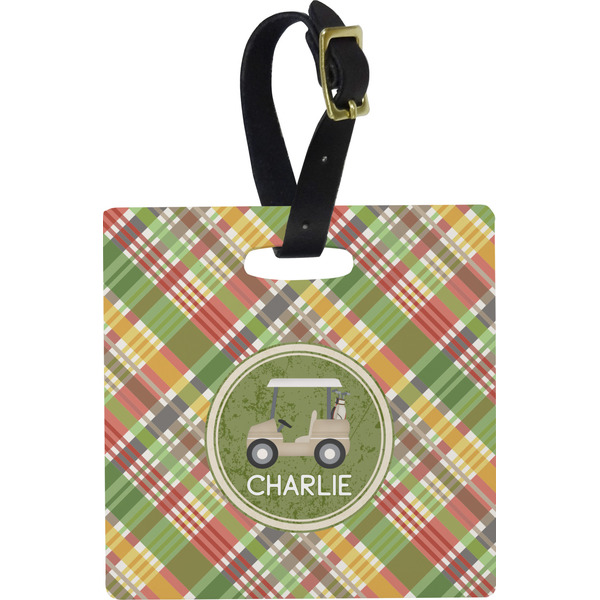 Custom Golfer's Plaid Plastic Luggage Tag - Square w/ Name or Text
