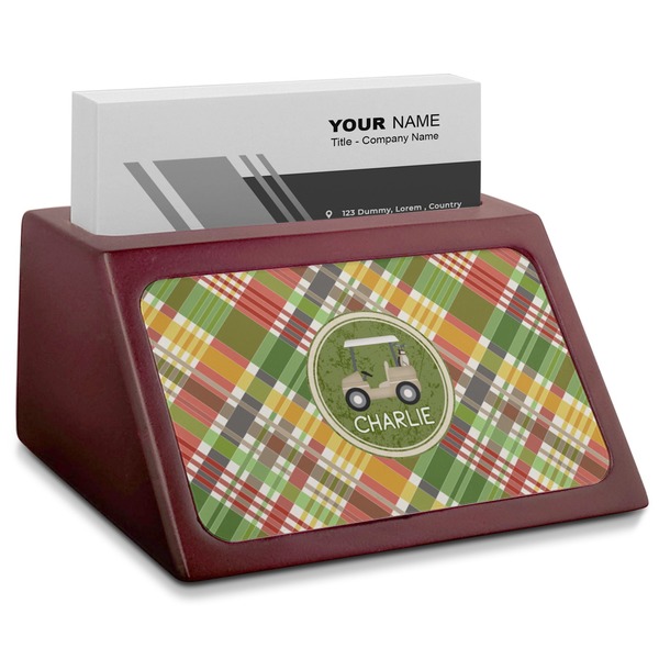 Custom Golfer's Plaid Red Mahogany Business Card Holder (Personalized)