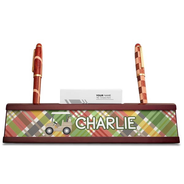 Golfer's Plaid Red Mahogany Nameplates with Business Card Holder - Straight