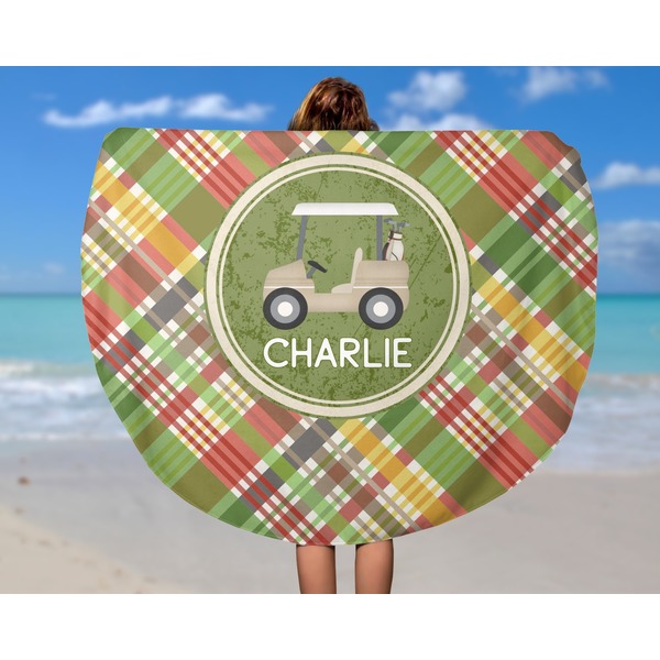 Golfer's Plaid Round Beach Towel - In Use