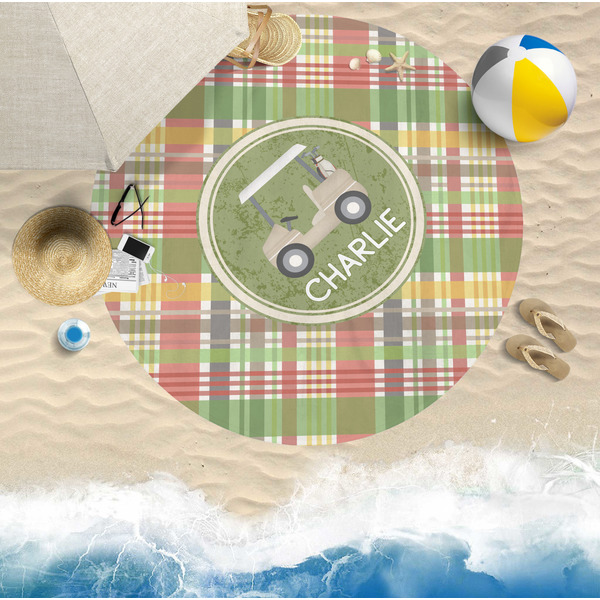 Golfer's Plaid Round Beach Towel Lifestyle