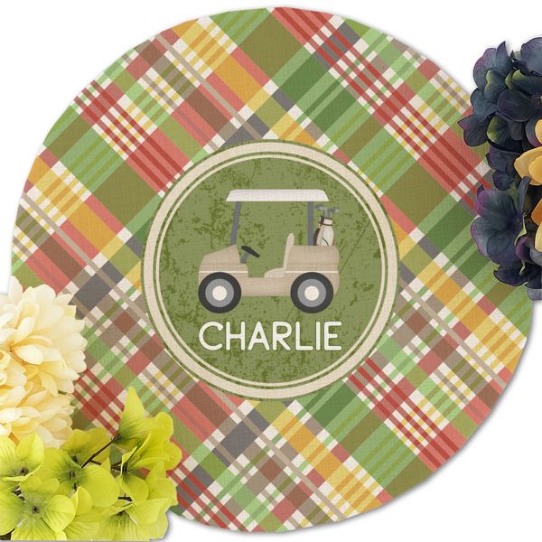 Golfer's Plaid Round Linen Placemats - Front (w flowers)