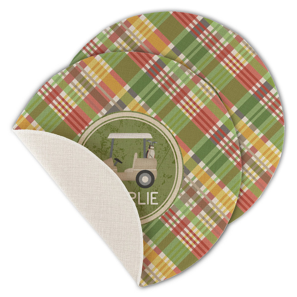 Custom Golfer's Plaid Round Linen Placemat - Single Sided - Set of 4 (Personalized)