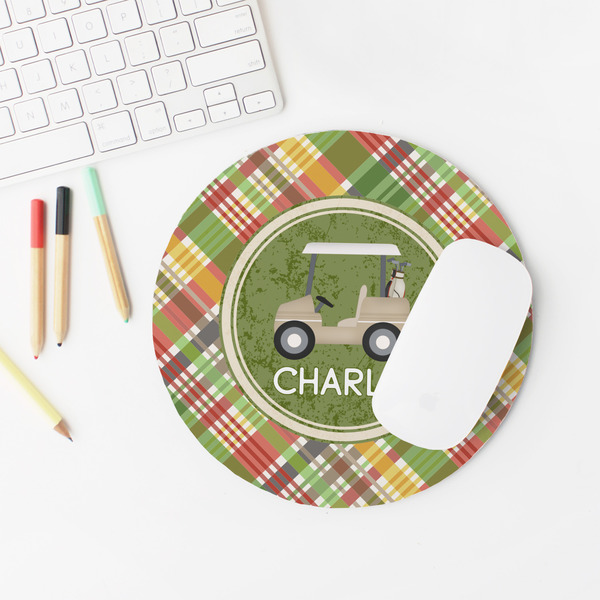 Golfer's Plaid Round Mousepad - LIFESTYLE 2