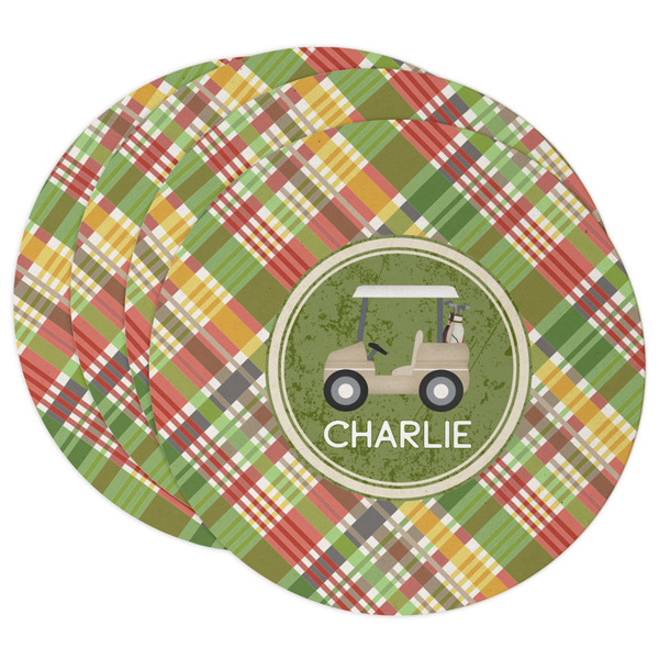 Custom Golfer's Plaid Round Paper Coasters w/ Name or Text