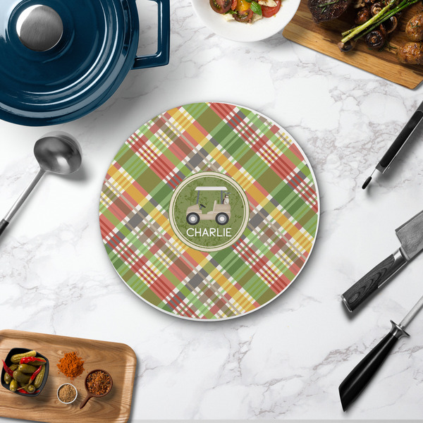 Golfer's Plaid Round Stone Trivet - In Context View