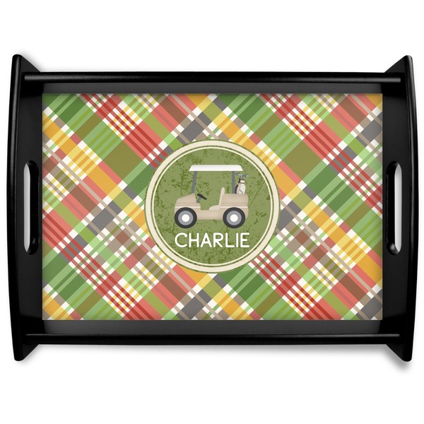 Custom Golfer's Plaid Black Wooden Tray - Large (Personalized)