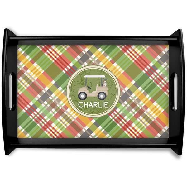 Custom Golfer's Plaid Black Wooden Tray - Small (Personalized)