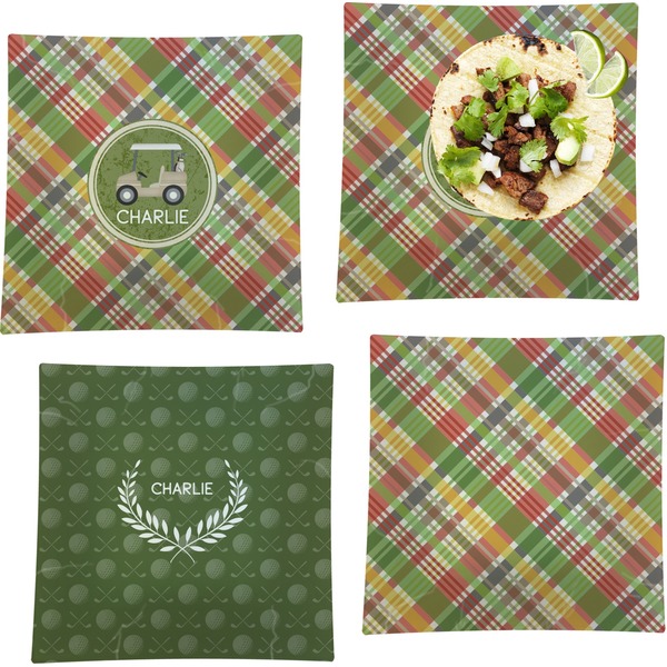Custom Golfer's Plaid Set of 4 Glass Square Lunch / Dinner Plate 9.5" (Personalized)