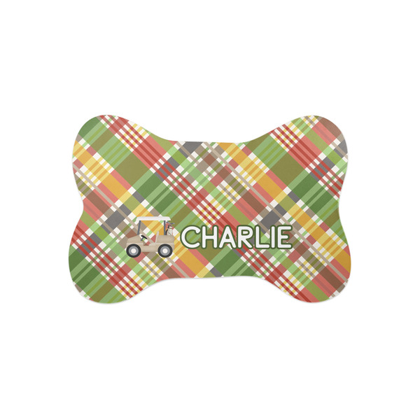 Custom Golfer's Plaid Bone Shaped Dog Food Mat (Small) (Personalized)