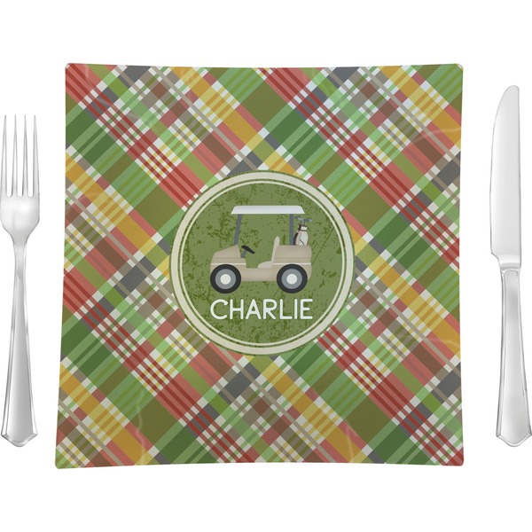 Custom Golfer's Plaid Glass Square Lunch / Dinner Plate 9.5" (Personalized)
