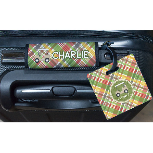 Golfer's Plaid Square Luggage Tag & Handle Wrap - In Context