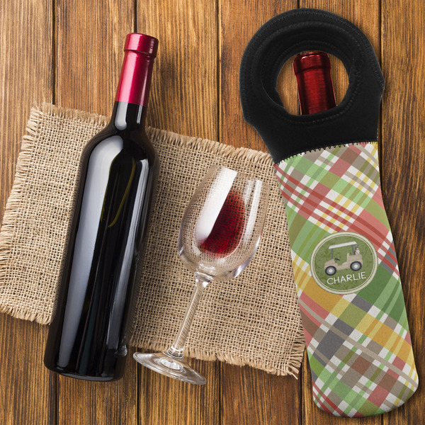 Golfer's Plaid Wine Tote Bag - FLATLAY