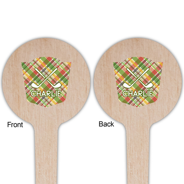Golfer's Plaid Wooden 4" Food Pick - Round - Double Sided - Front & Back