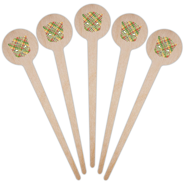 Golfer's Plaid Wooden 4" Food Pick - Round - Fan View