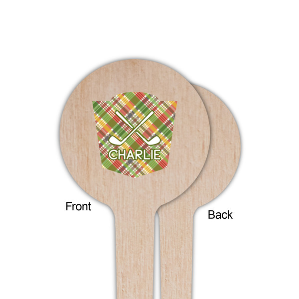 Golfer's Plaid Wooden 4" Food Pick - Round - Single Sided - Front & Back