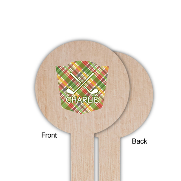Golfer's Plaid Wooden 6" Food Pick - Round - Single Sided - Front & Back
