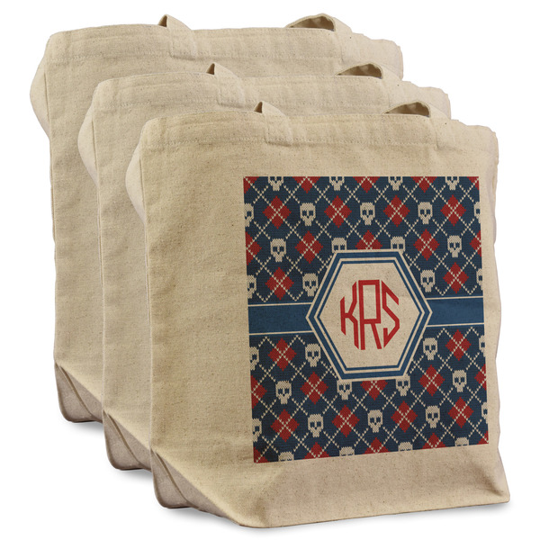 Custom Knitted Argyle & Skulls Reusable Cotton Grocery Bags - Set of 3 (Personalized)