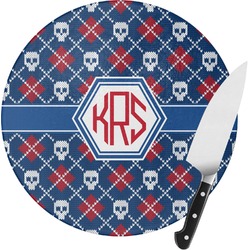 Knitted Argyle & Skulls Round Glass Cutting Board - Small (Personalized)