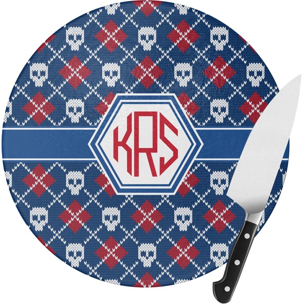 Custom Knitted Argyle & Skulls Round Glass Cutting Board - Small (Personalized)