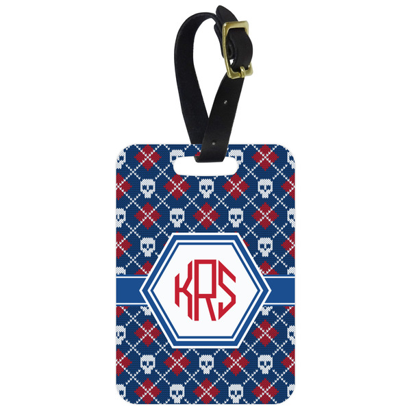 Custom Knitted Argyle & Skulls Metal Luggage Tag w/ Monogram