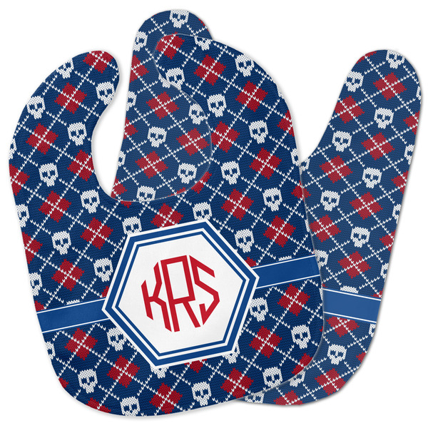 Custom Knitted Argyle & Skulls Baby Bib w/ Monogram