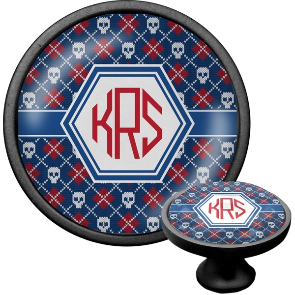 Custom Knitted Argyle & Skulls Cabinet Knob (Black) (Personalized)