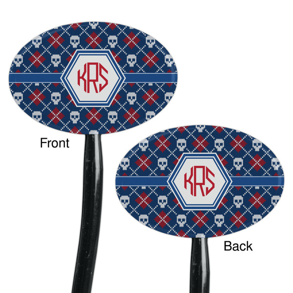 Knitted Argyle & Skulls Black Plastic 7" Stir Stick - Double Sided - Oval - Front & Back