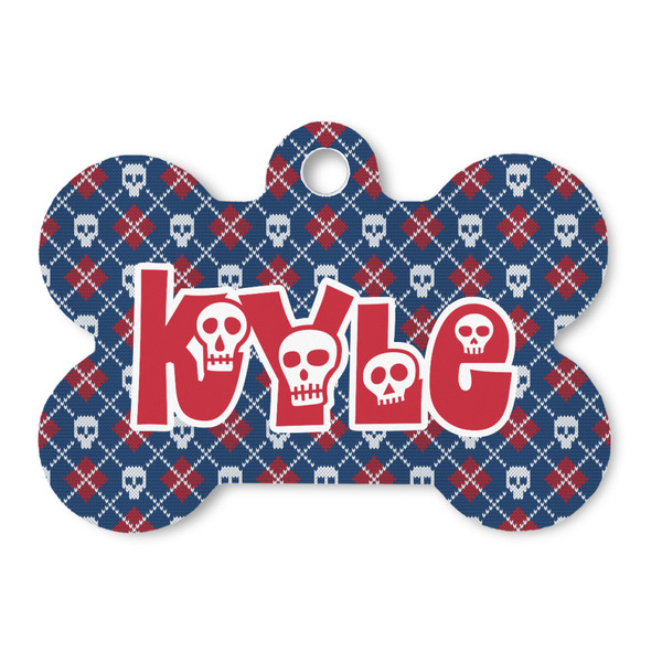 Custom Knitted Argyle & Skulls Bone Shaped Dog ID Tag (Personalized)
