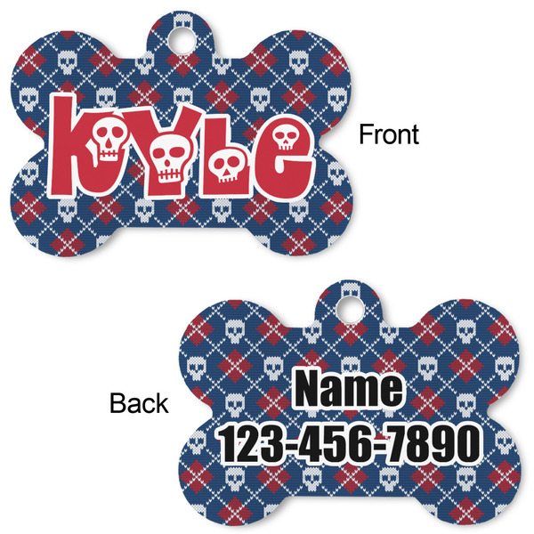 Knitted Argyle & Skulls Bone Shaped Dog Tag - Front & Back