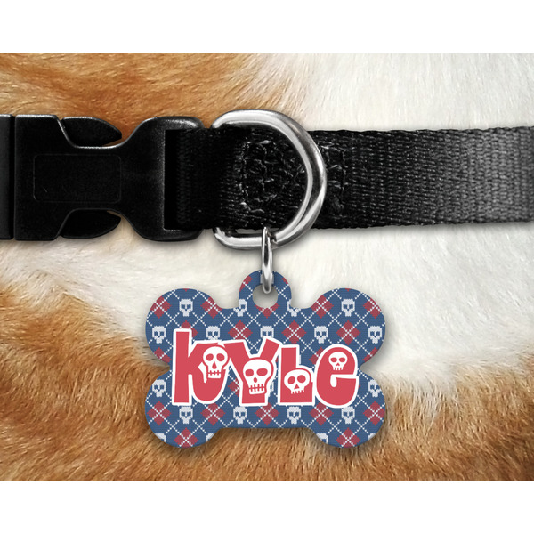 Knitted Argyle & Skulls Bone Shaped Dog Tag on Collar & Dog