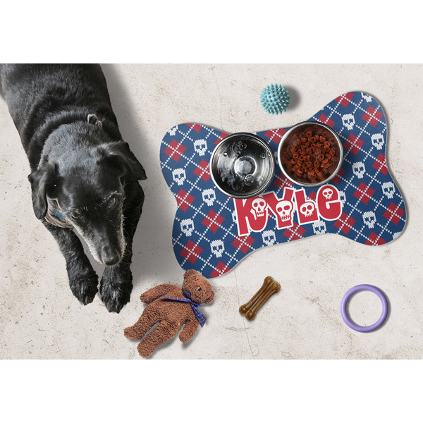 Knitted Argyle & Skulls Bone Shaped Mat w/ Food & Water
