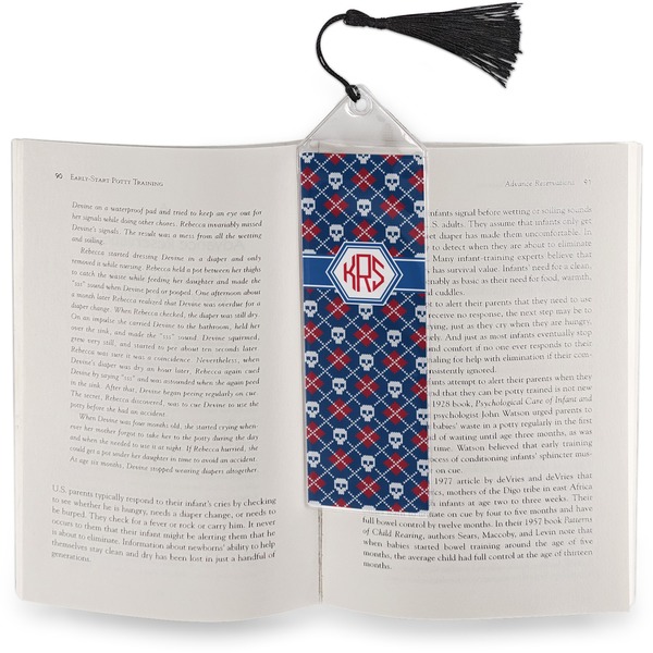 Knitted Argyle & Skulls Bookmark with tassel - In book