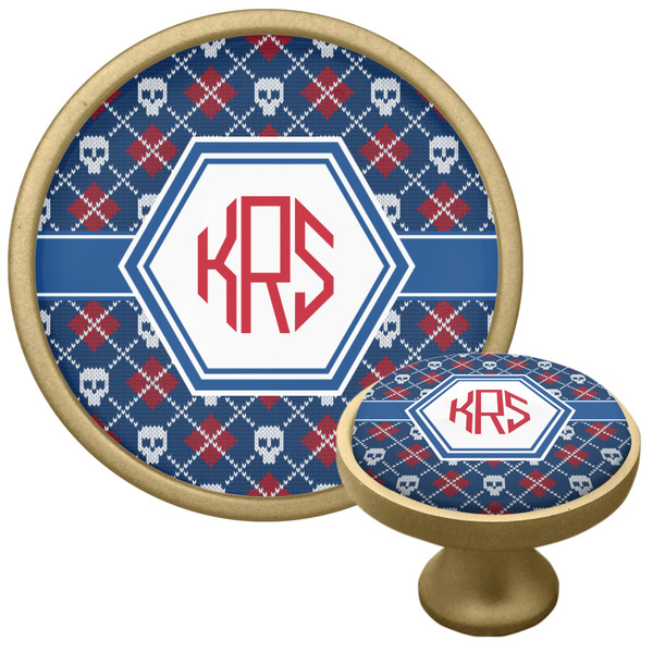 Custom Knitted Argyle & Skulls Cabinet Knob - Gold (Personalized)