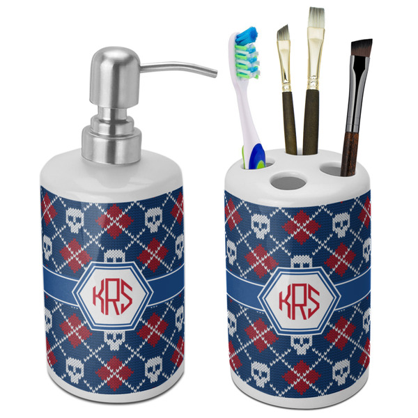 Custom Knitted Argyle & Skulls Ceramic Bathroom Accessories Set (Personalized)