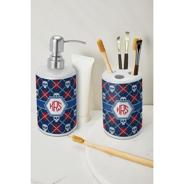 Knitted Argyle & Skulls Ceramic Bathroom Accessories - LIFESTYLE (toothbrush holder & soap dispenser)