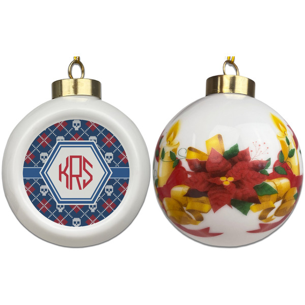 Knitted Argyle & Skulls Ceramic Christmas Ornament - Poinsettias (APPROVAL)