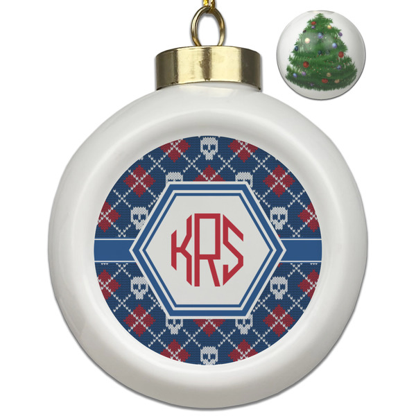 Custom Knitted Argyle & Skulls Ceramic Ball Ornament - Christmas Tree (Personalized)