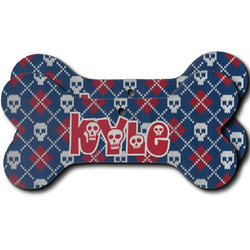 Knitted Argyle & Skulls Ceramic Dog Ornament - Front & Back w/ Monogram