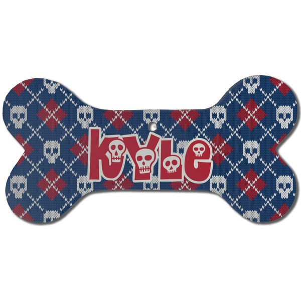 Custom Knitted Argyle & Skulls Ceramic Dog Ornament - Front w/ Monogram